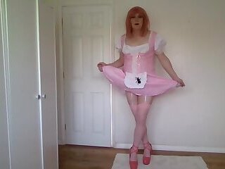 Pink and white uniform with pink high heels and white lingerie